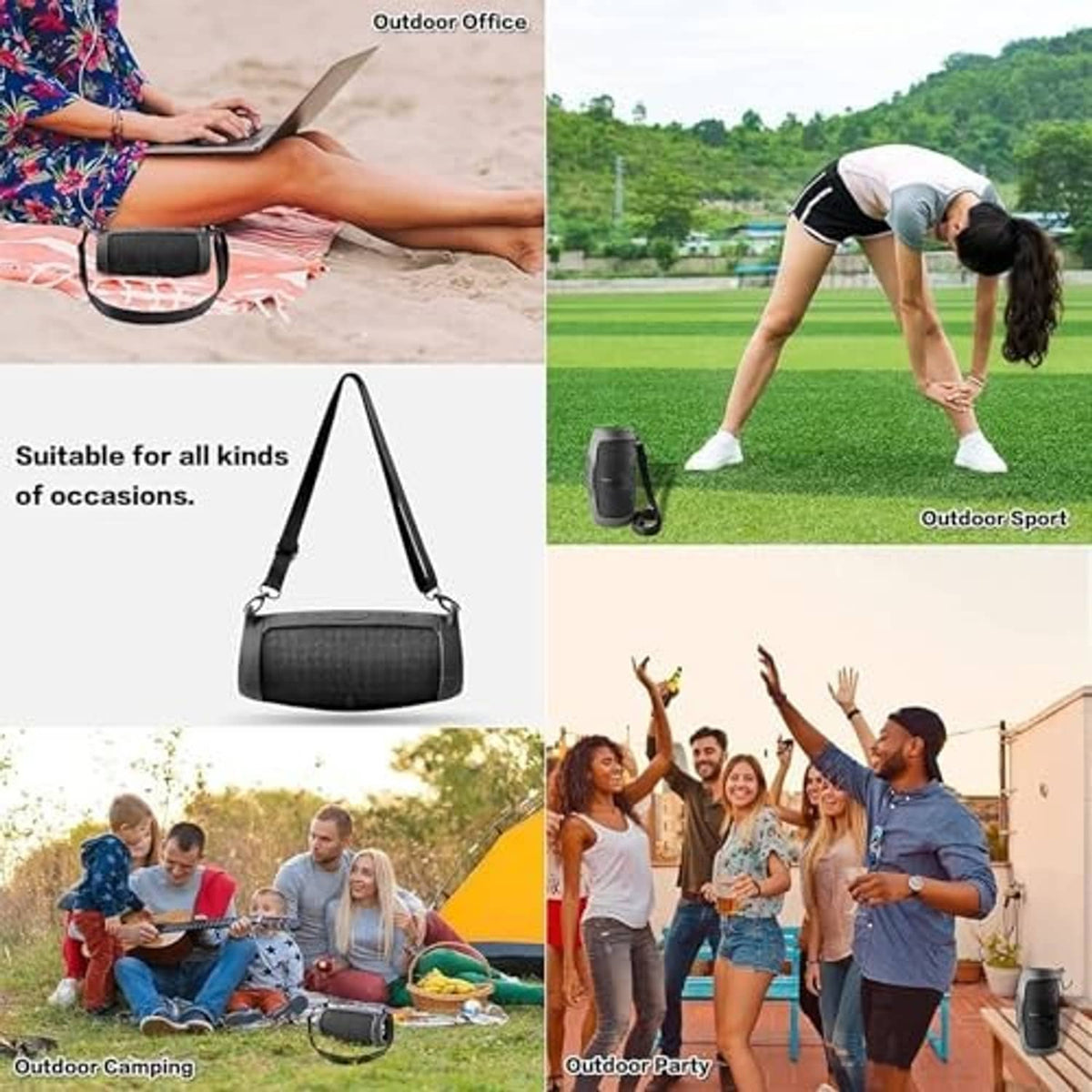Black silicone speaker case cover worn in crossbody bag style with strap