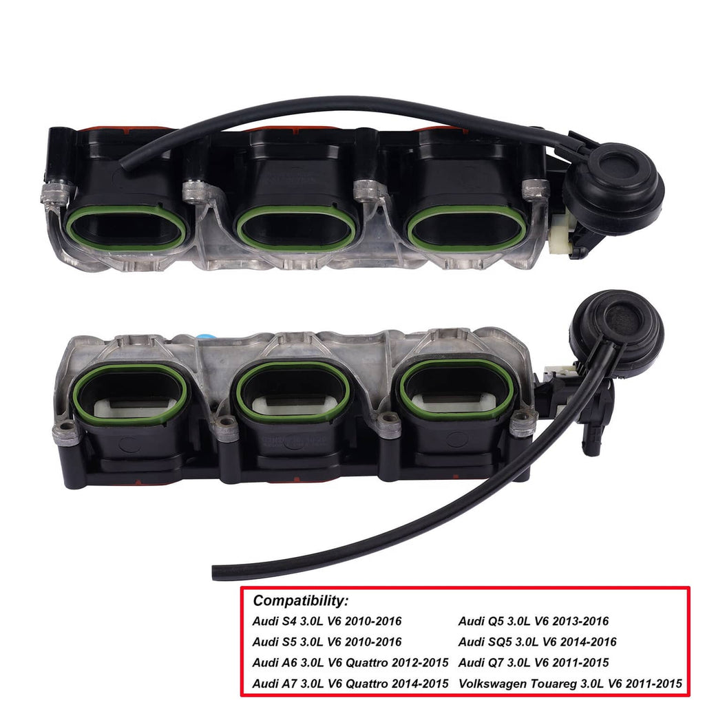 Intake manifold pair top view; three green-lined openings per unit, black covers, hoses attached