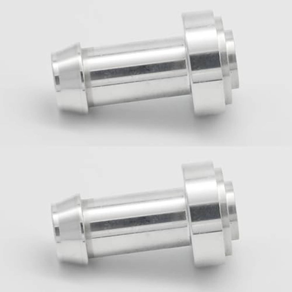Silver hose barb tail nipple fitting, close-up side showing collar rings and smooth body