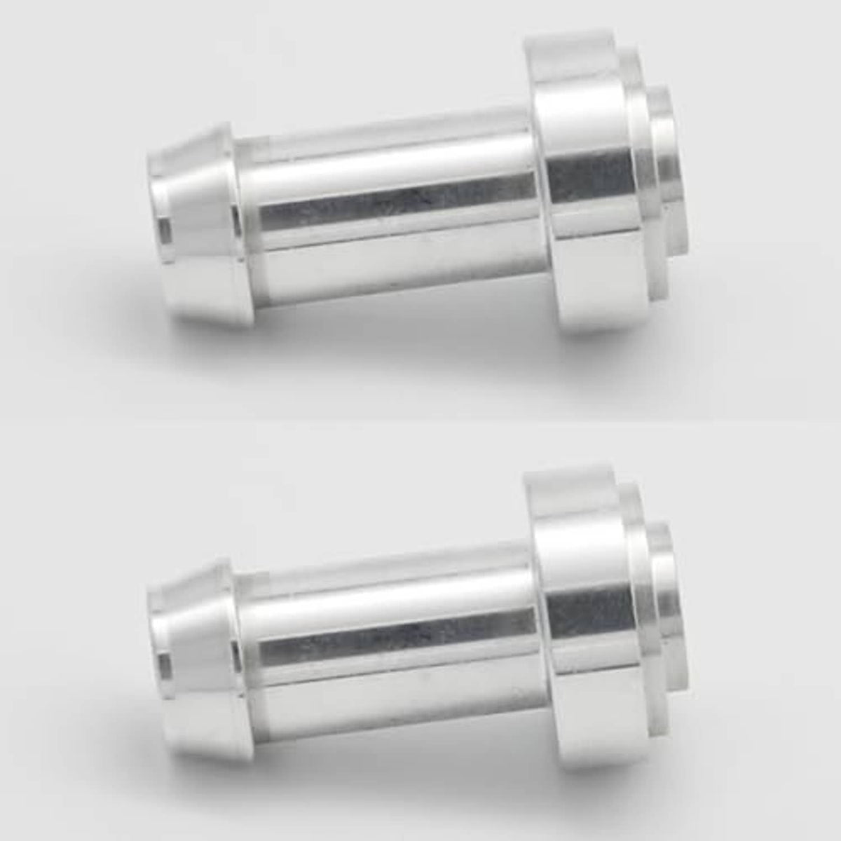 Silver hose barb tail nipple fitting, close-up side showing collar rings and smooth body