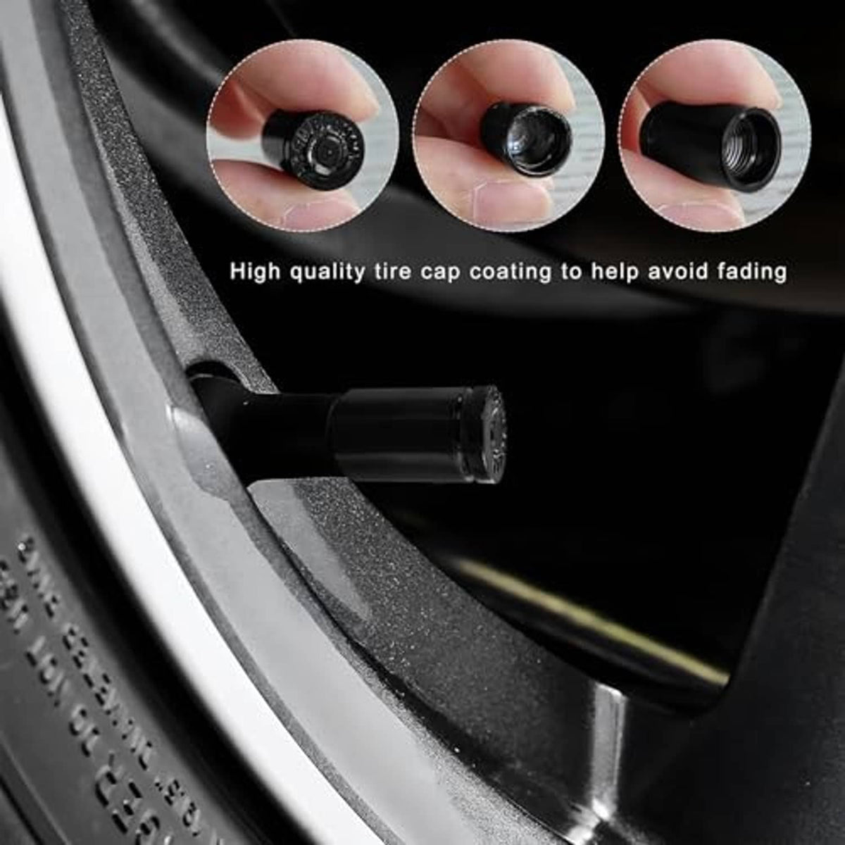 Black tire valve stem cap with threaded interior, fitted on a wheel rim valve hole.