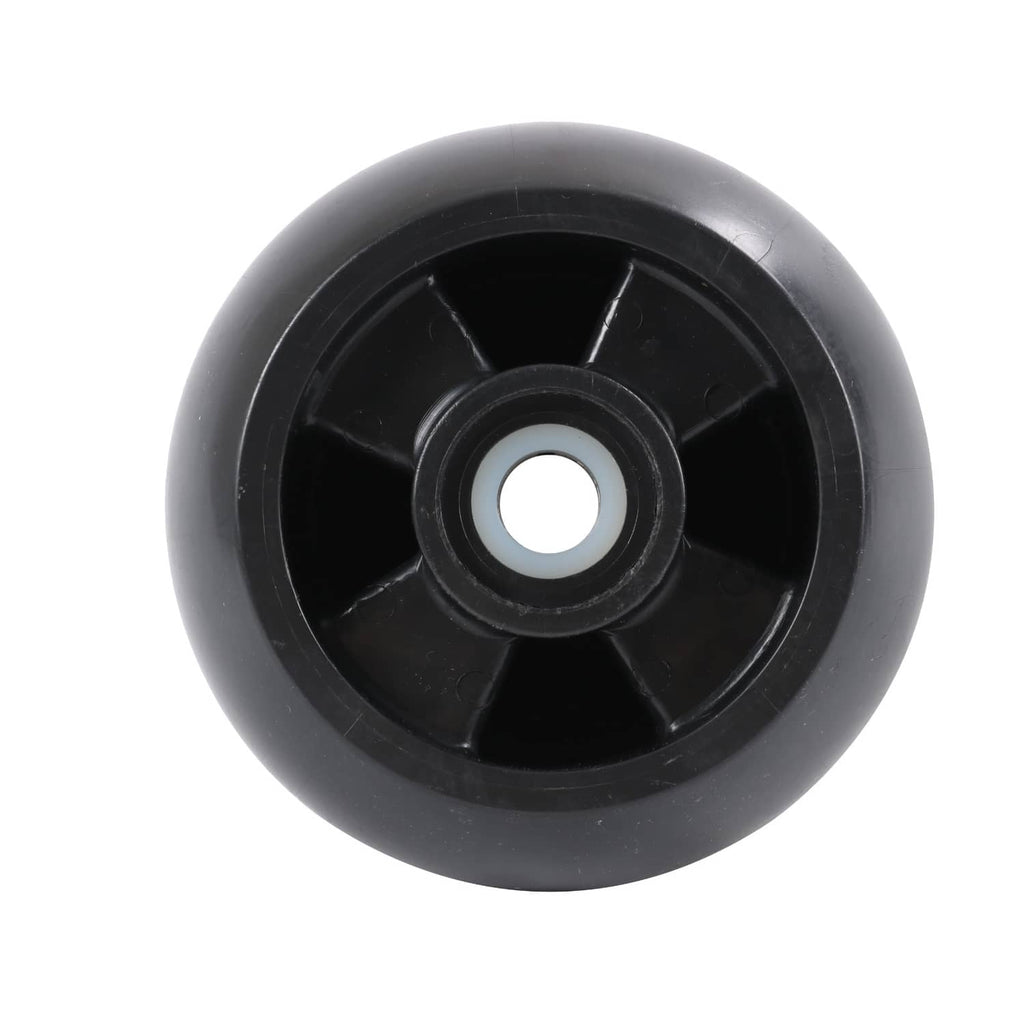 Black deck mower wheel face with white center opening and spoke rim