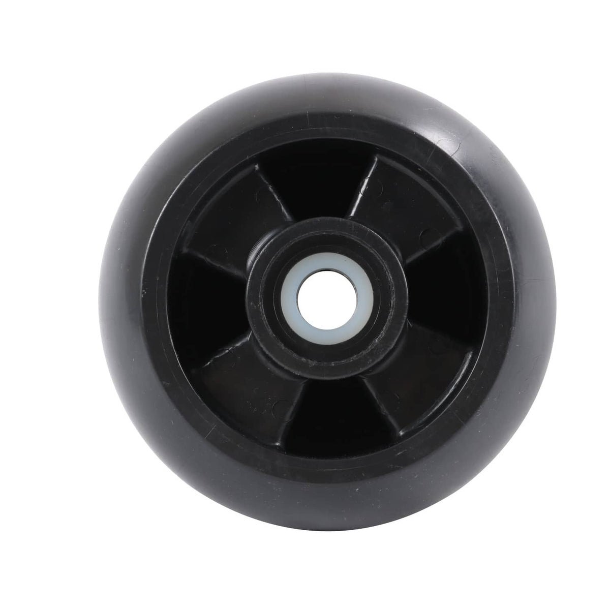 Black deck mower wheel face with white center opening and spoke rim