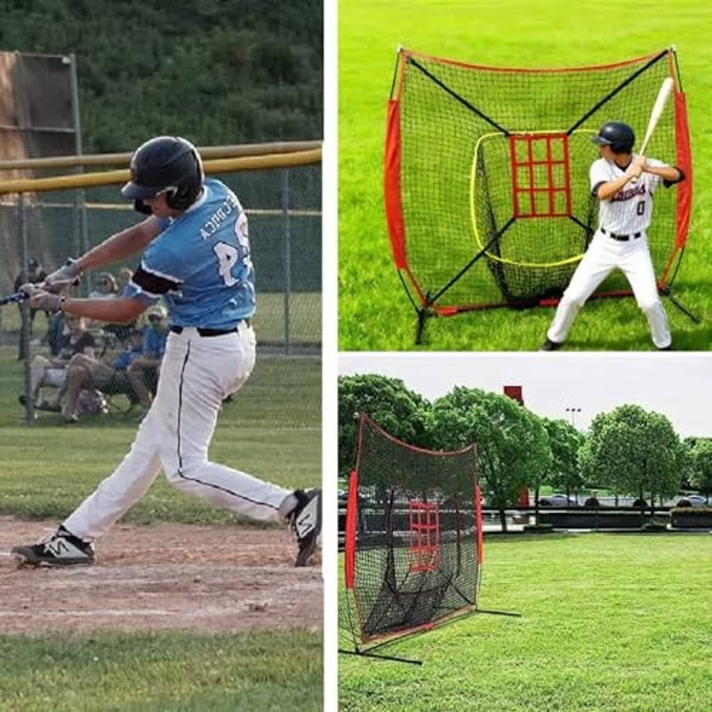 Baseball pitching practice target net with red grid and black frame during use outdoors
