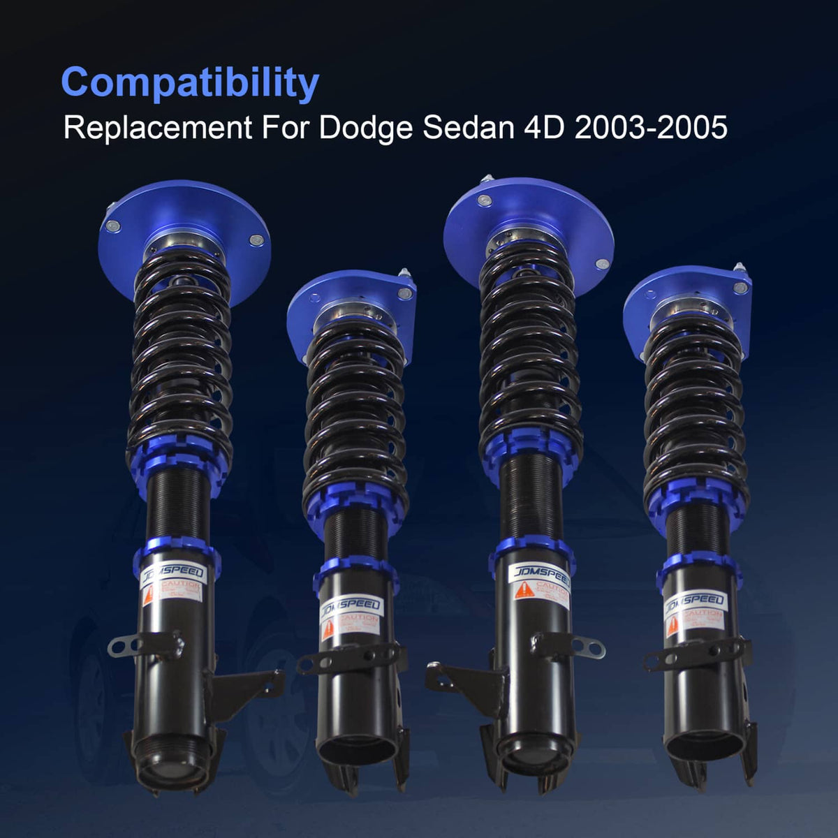 Four-piece blue coilover strut kit with black shock bodies and springs