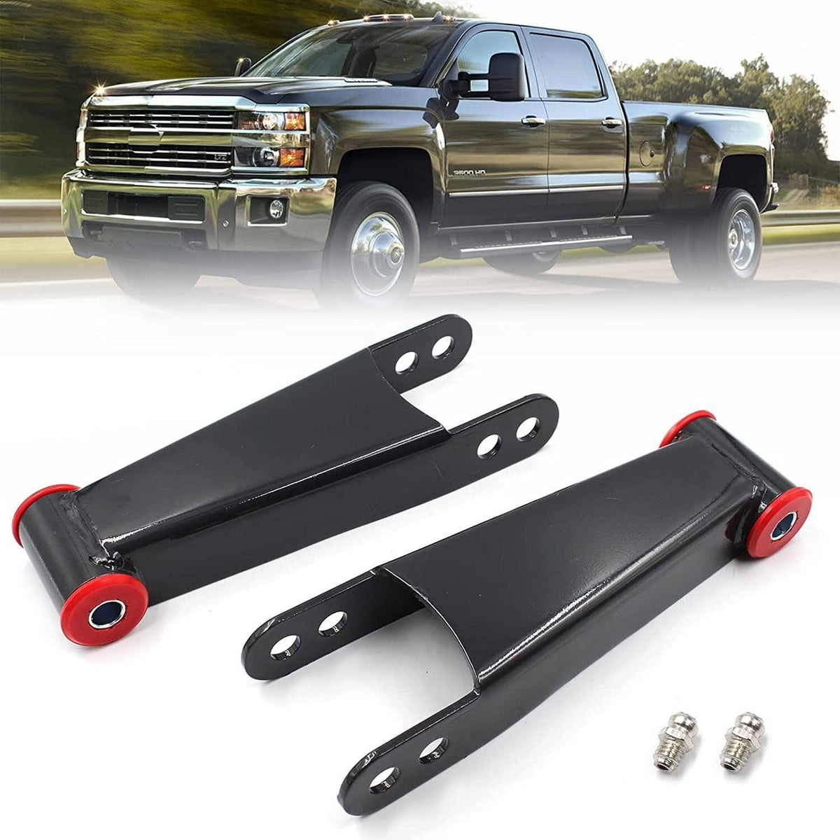 Pair of black rear shackles with red bushing ends and bolt hardware