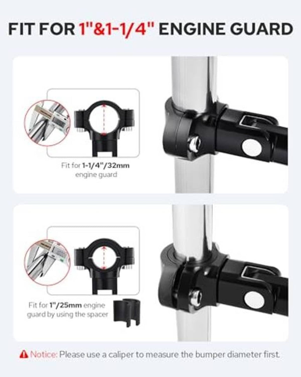 Black clamp-style motorcycle pegs mounted on a tubular bar with bolts and spacer.