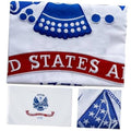 Embroidered US Army flag with white fabric, blue trim, and red arched band