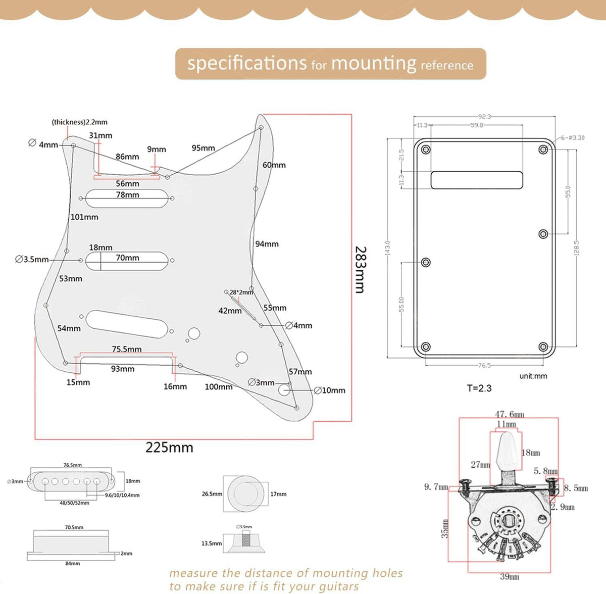 Pickguard mounting dimension diagram with hole measurements and template outlines