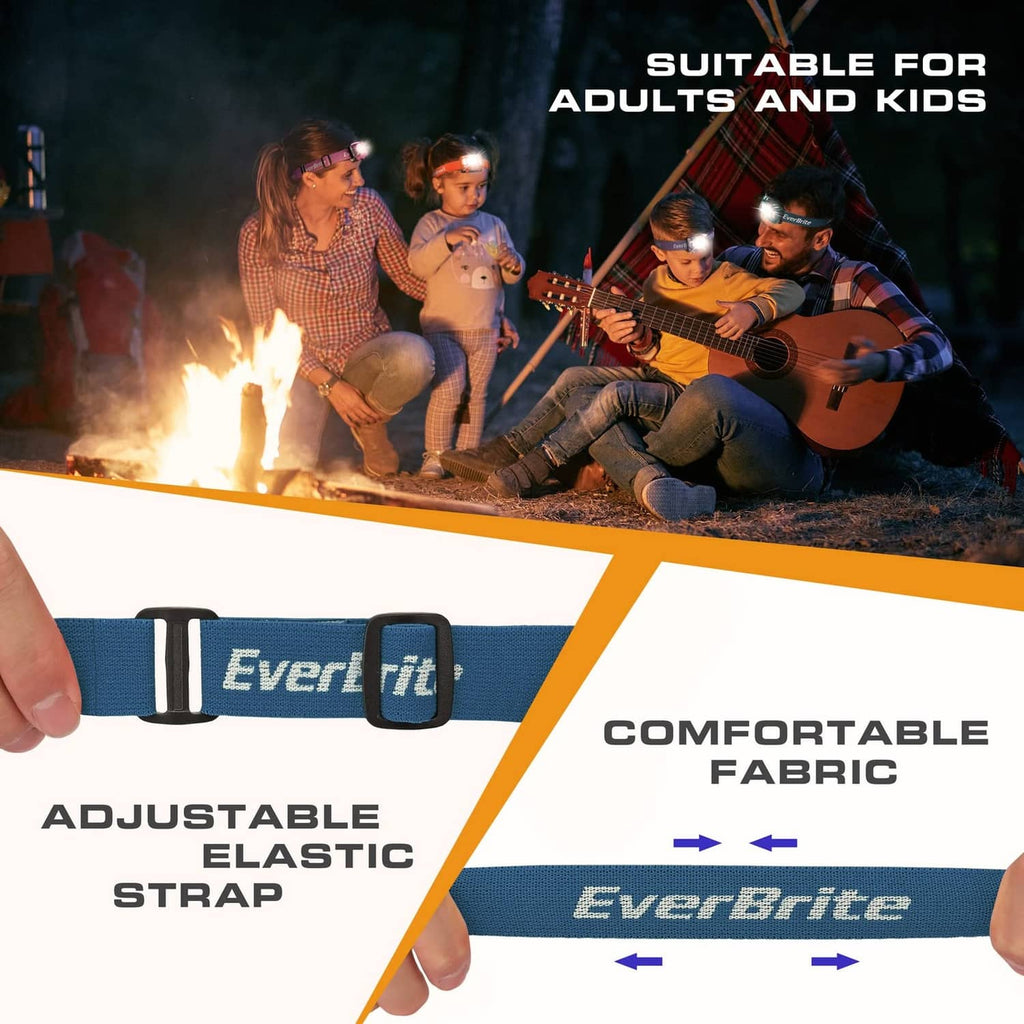 Adjustable elastic strap on kids EverBrite headlamp with blue headband