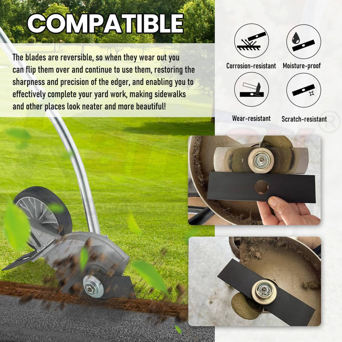 Black edger blades with oval holes for trimming lawn edges