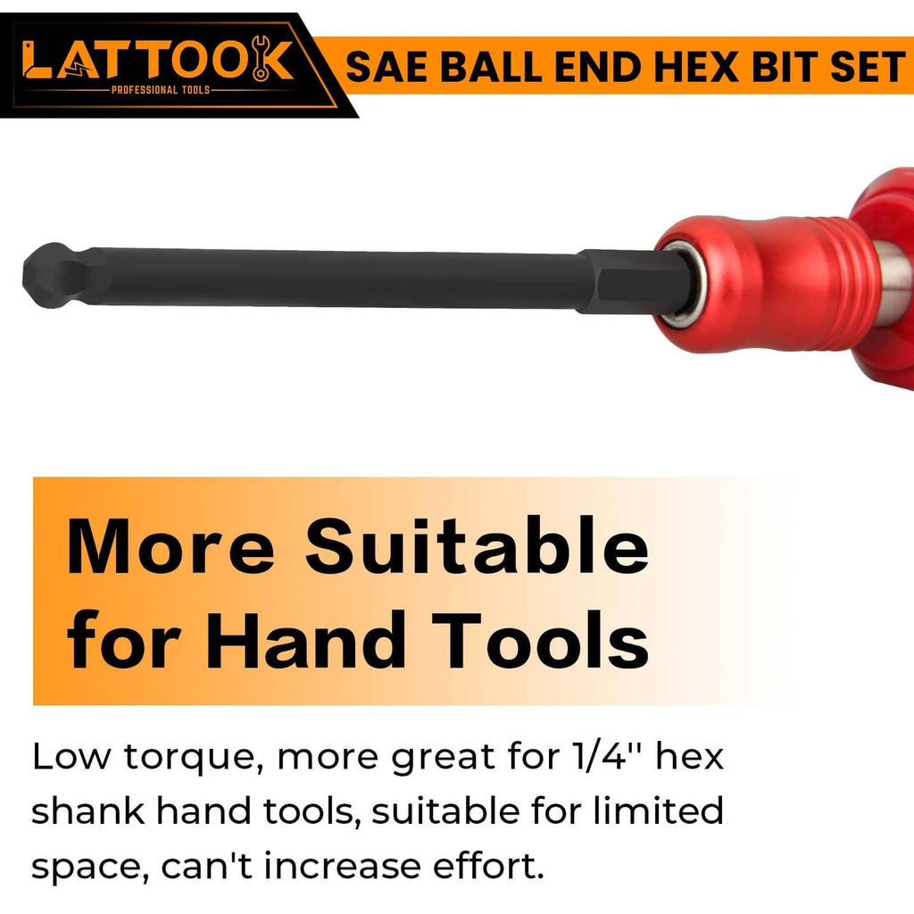 Black ball-end hex bit with 1/4in hex shank and rounded head on red grip