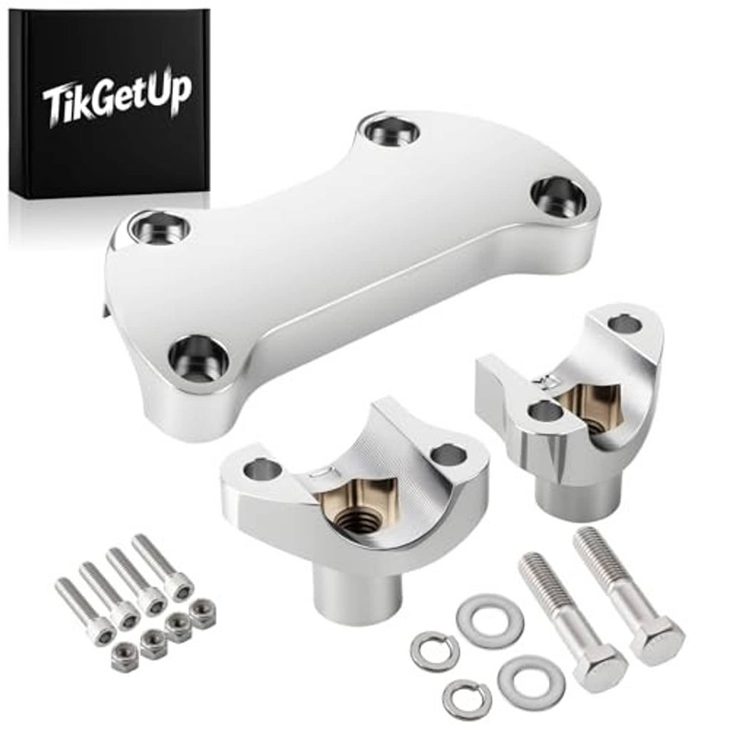 Chrome handlebar riser/top clamp with bracket pieces, bolts, and washers