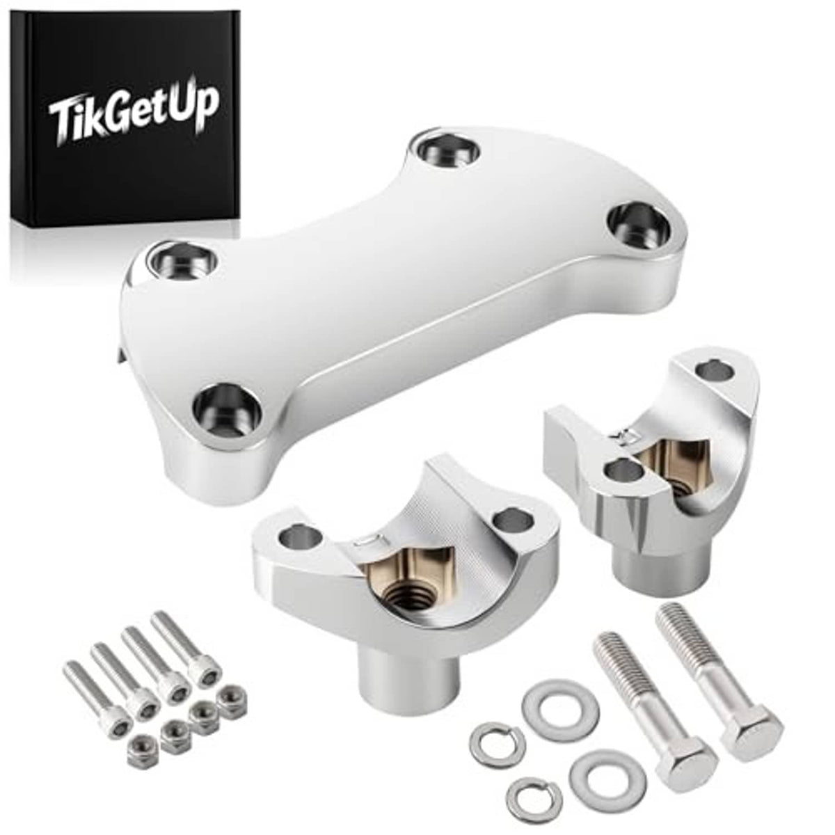 Chrome handlebar riser/top clamp with bracket pieces, bolts, and washers