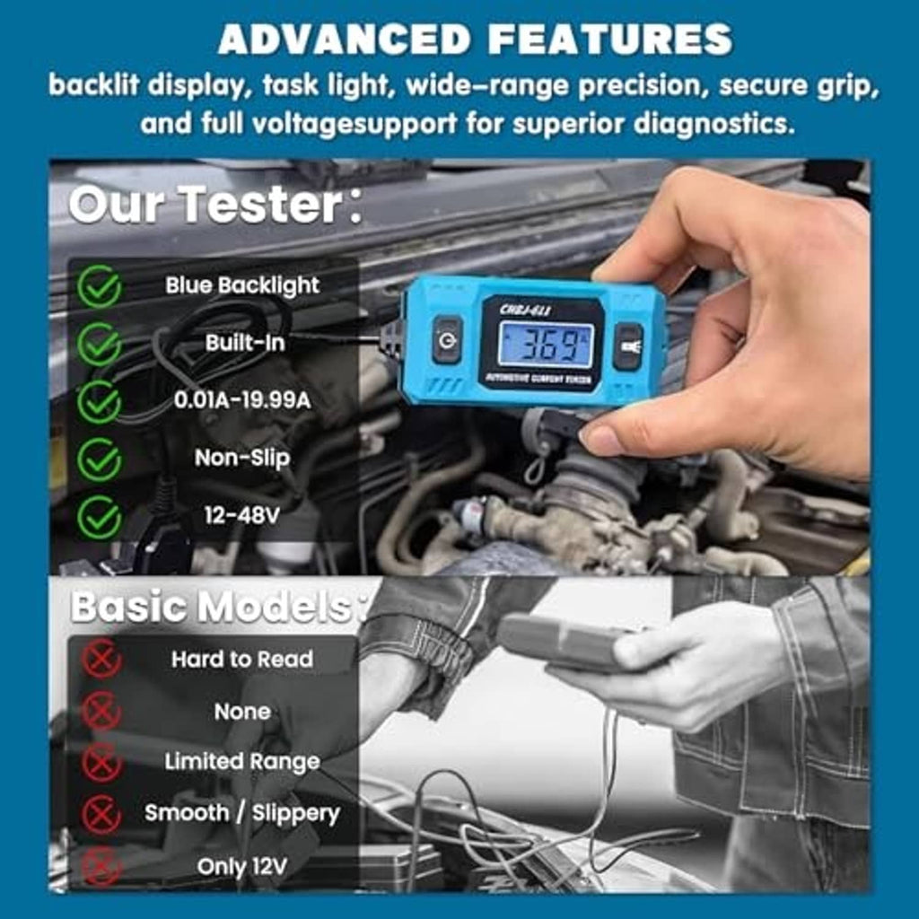 Hand holding blue automotive circuit fault tester with digital LCD reading