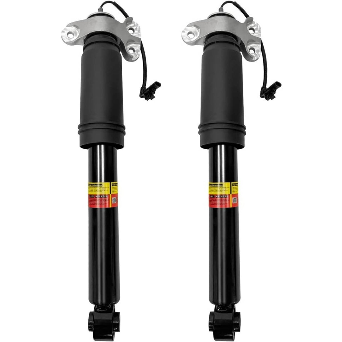Pair of black rear shock absorber struts with mounting brackets and sensor wires