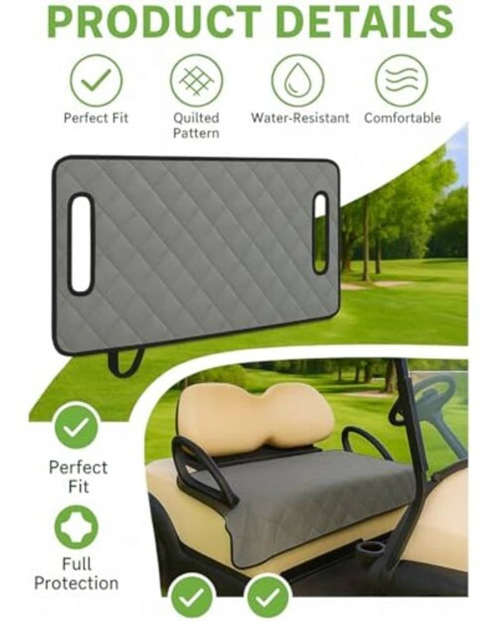 Gray quilted golf cart seat cover blanket shown with perfect fit and water-resistant