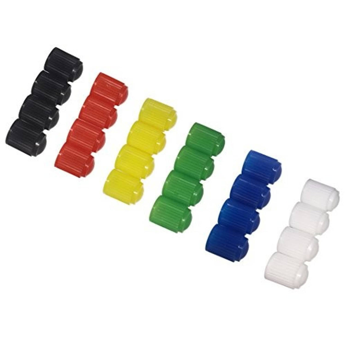 Assorted color ribbed plastic valve stem caps, including black, blue, green, yellow, red, white