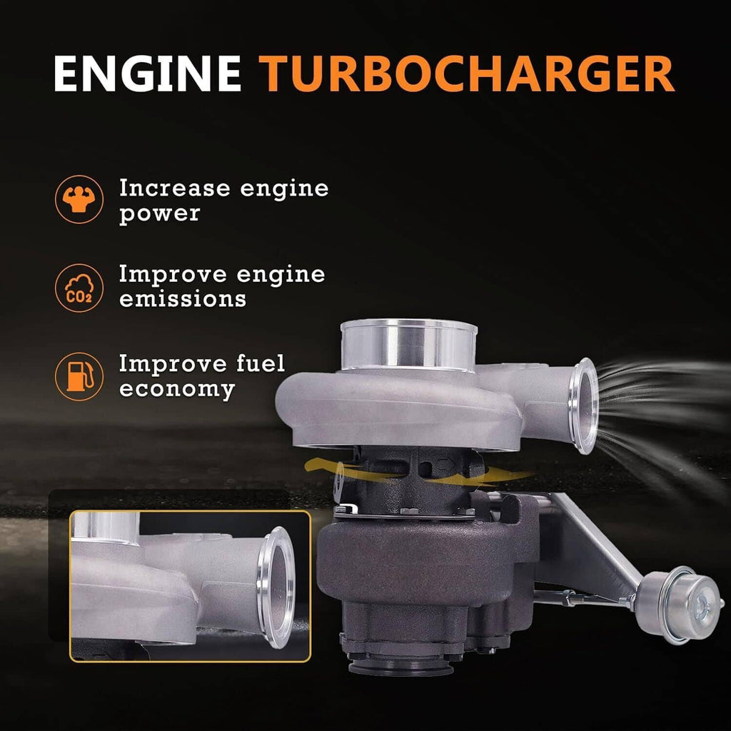 Engine turbocharger HX35W with compressor housing and turbine outlet, side view.
