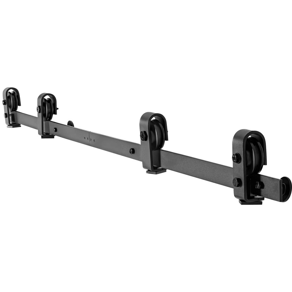 Bi-fold sliding barn door hardware track kit with dark gray rail and four black rollers