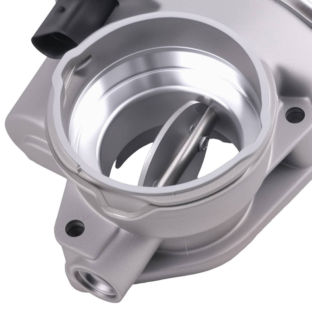 Silver throttle body with round bore and visible valve shaft inside