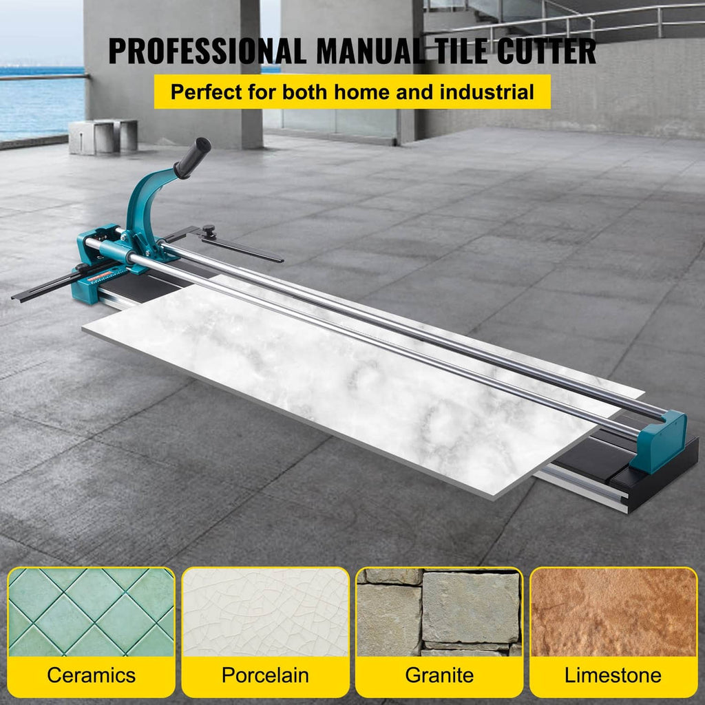 Manual tile cutter with long rails, teal end supports, and scoring handle