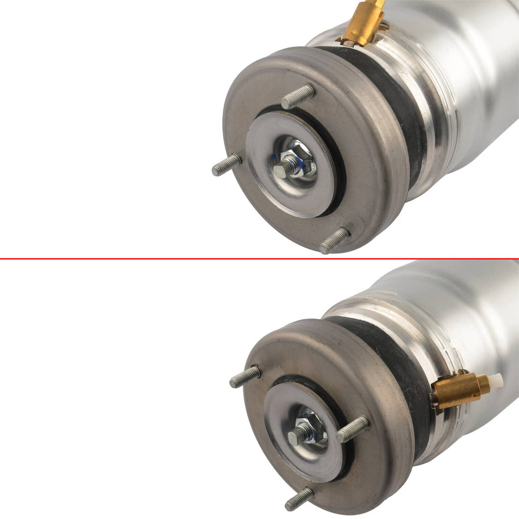 Close-up of air strut top mounts: silver metal spring seat with hardware and fittings