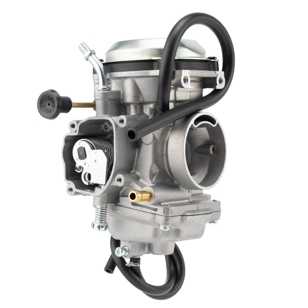 ATV carburetor assembly with black hose and throttle mount, silver aluminum body