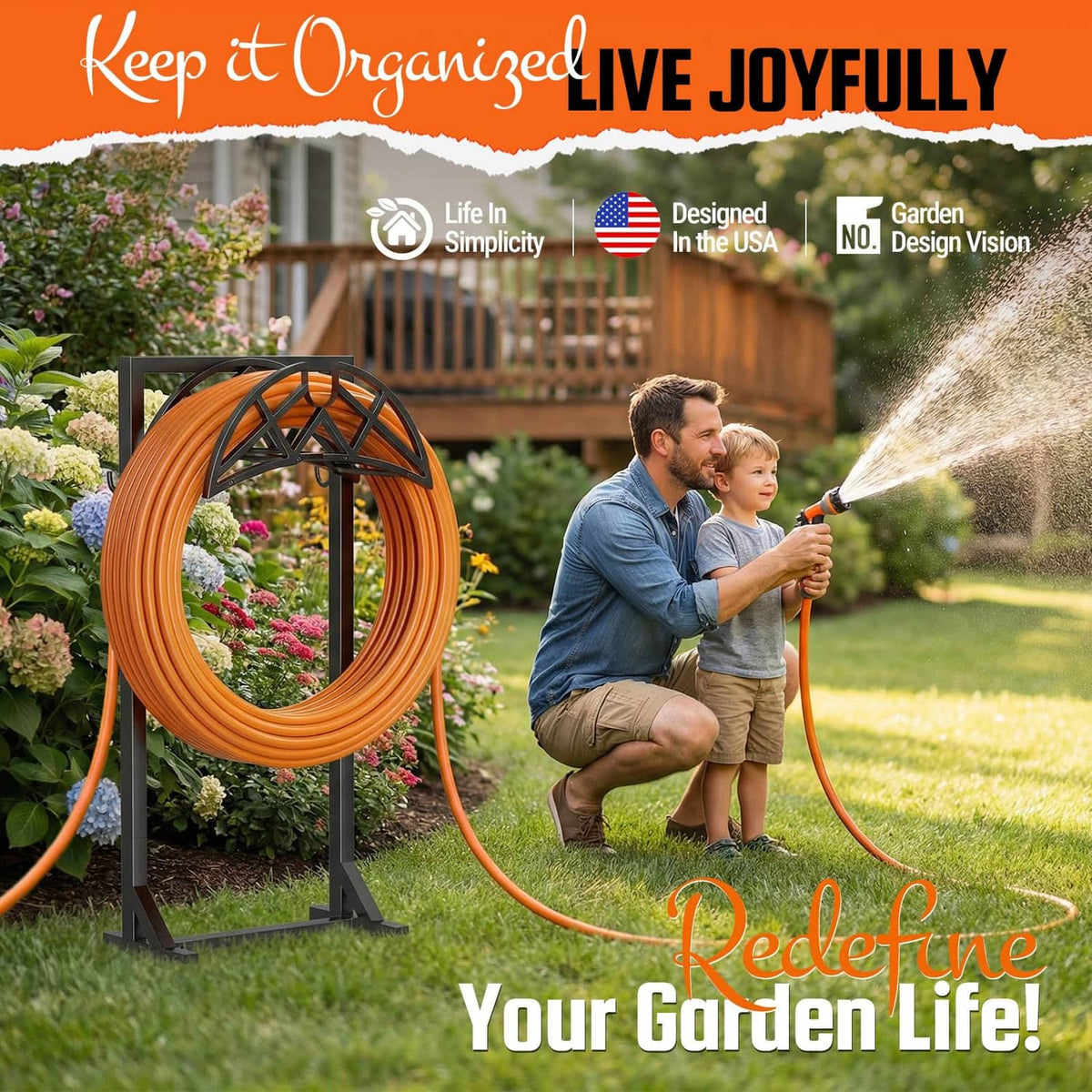 Freestanding garden hose holder with orange coiled hose on black stand and green nozzle.