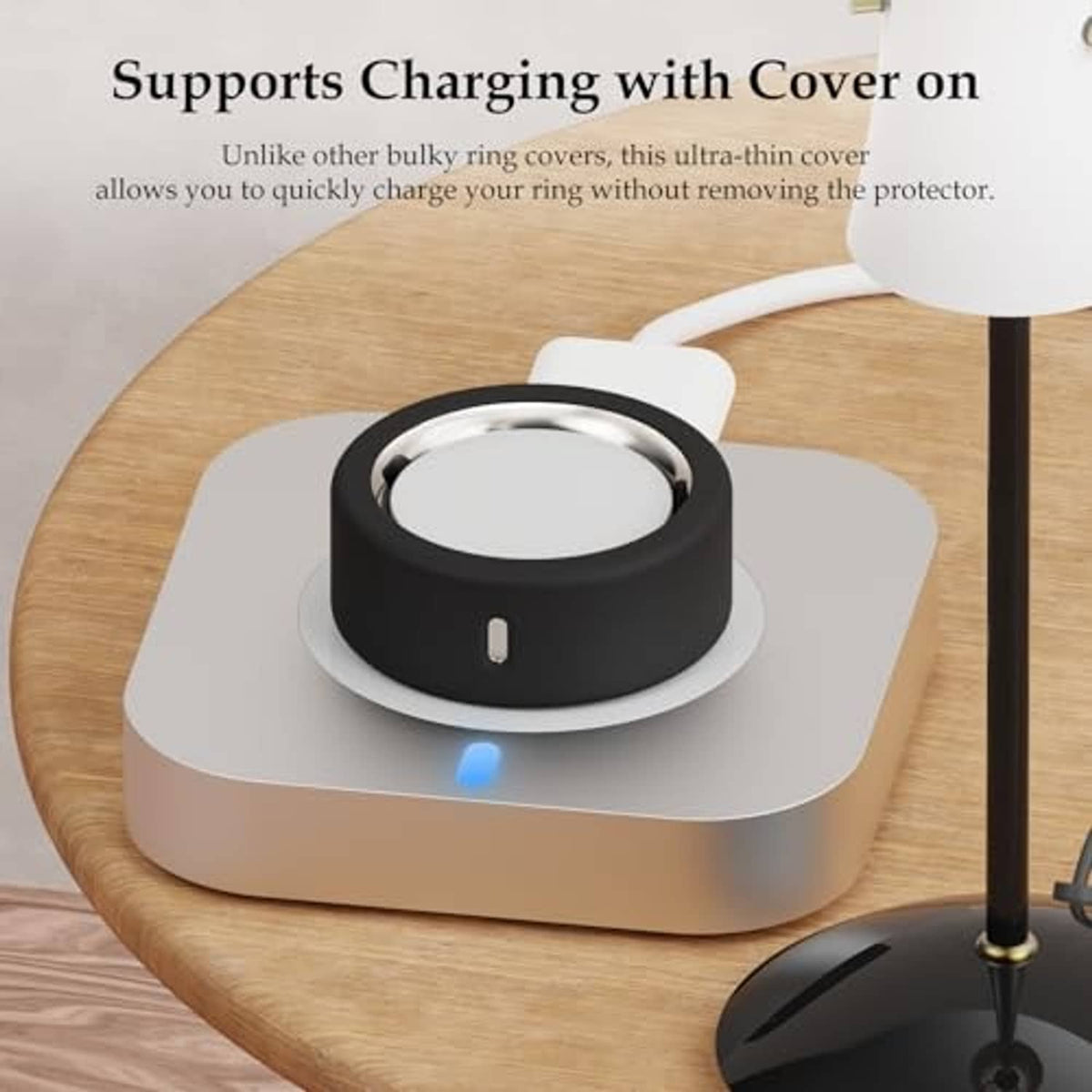 Thin silicone ring cover on a charging base, supports charging while covered