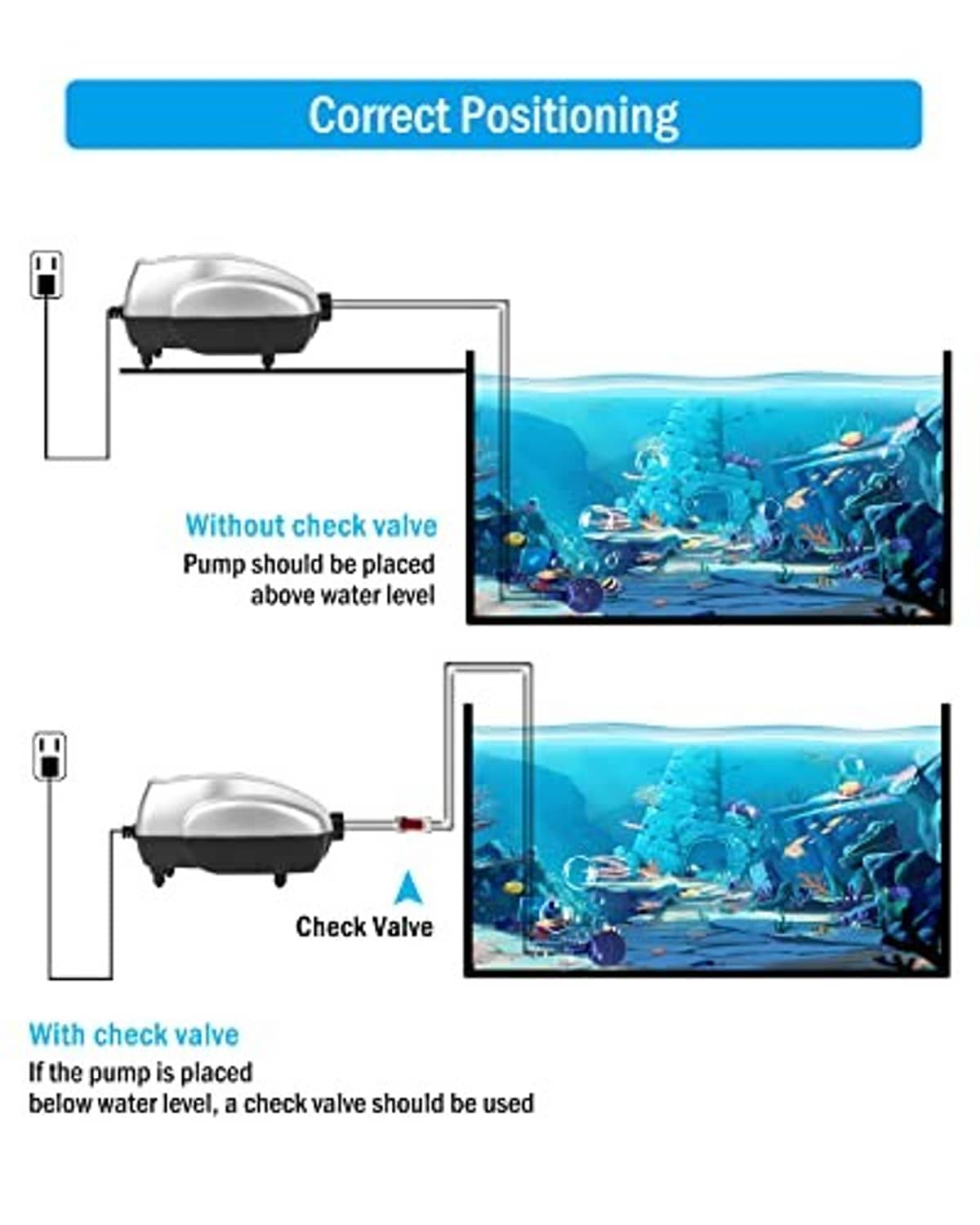 Aquarium air pump with check valve and tubing position above and below water line