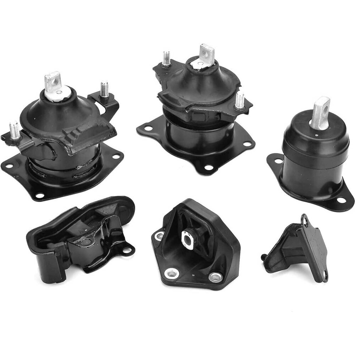 6-piece black engine and transmission mount set with metal bolts and brackets