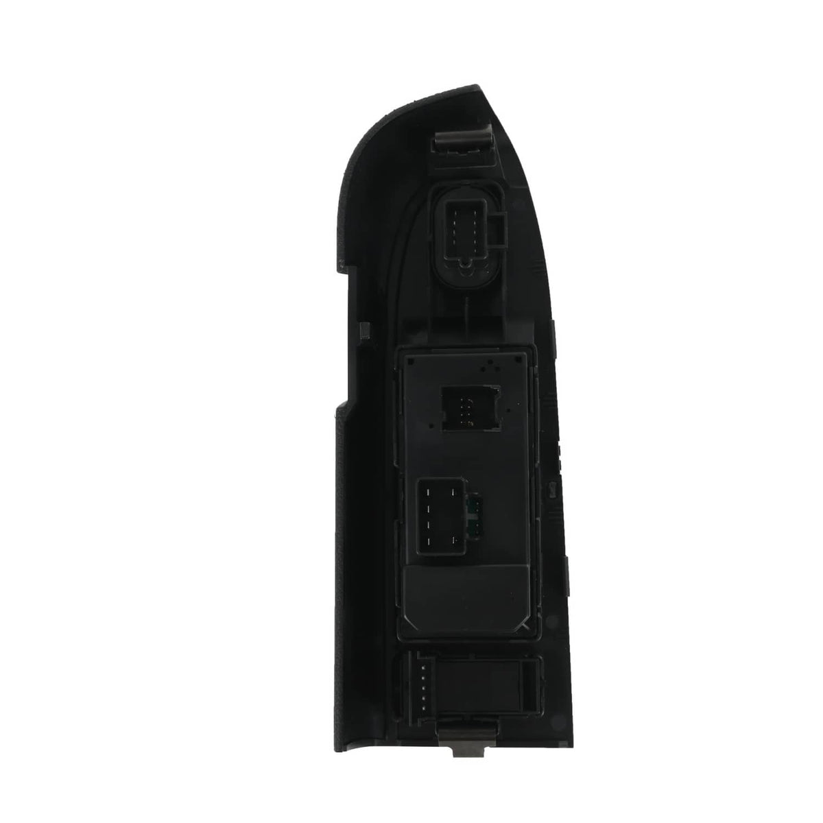 Power window switch back housing with wiring connectors and mounting clips.