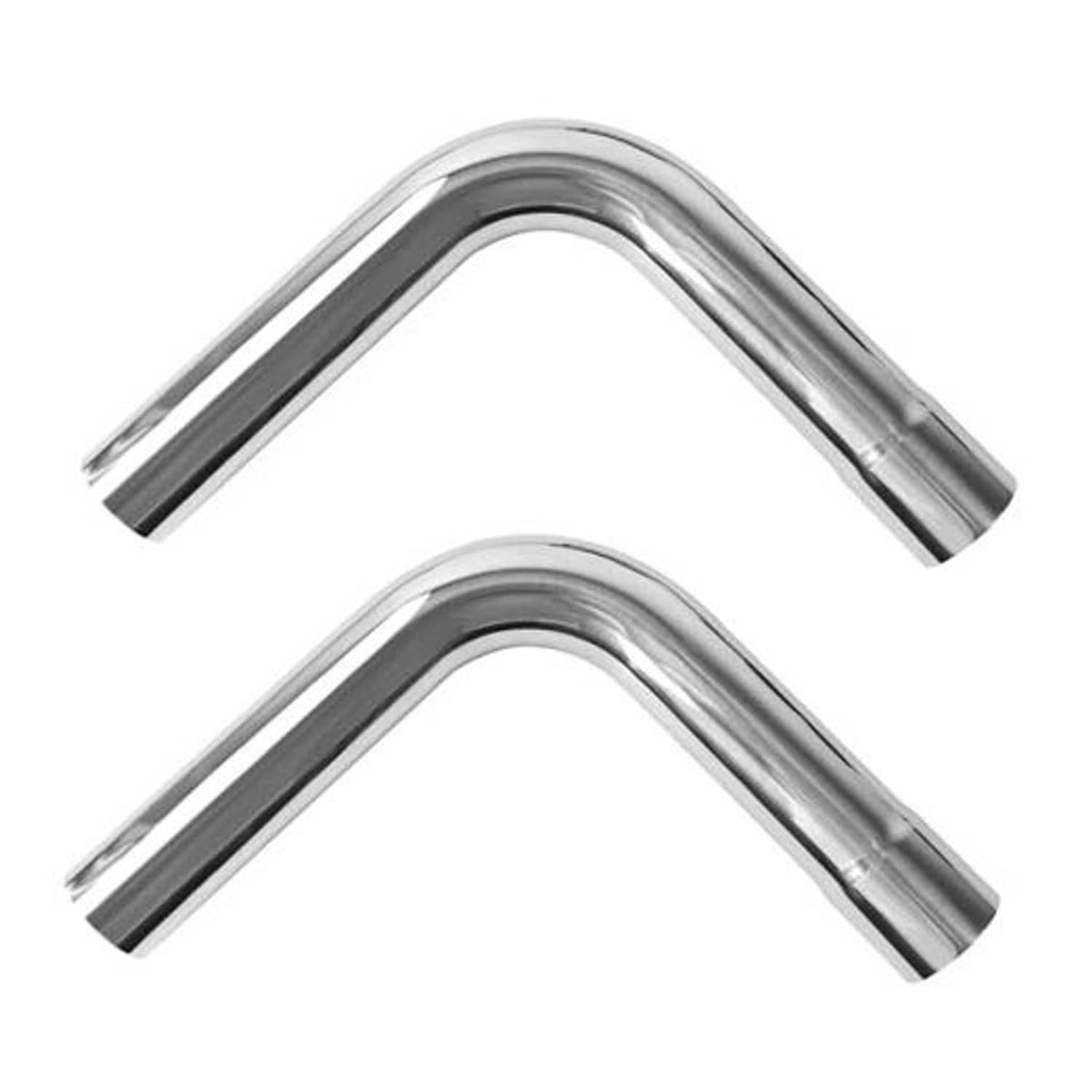 Polished stainless steel 90-degree exhaust bend tubing, 2.5 in OD, two curved pieces