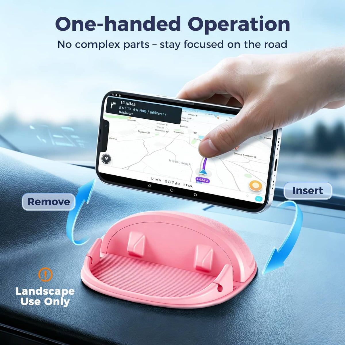 Pink one-handed car phone holder with removable cradle for dashboard placement