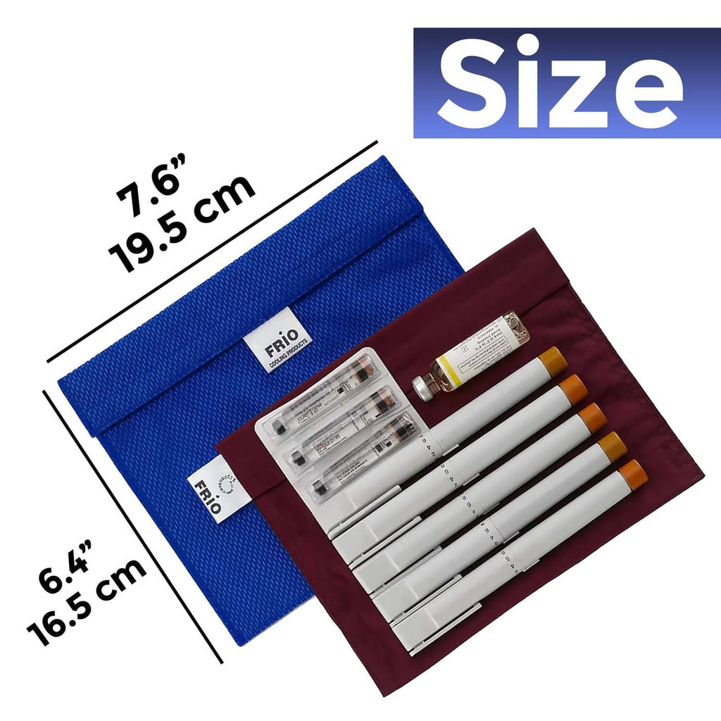 FRIO blue cooling wallet with maroon insert holding insulin pens and vials