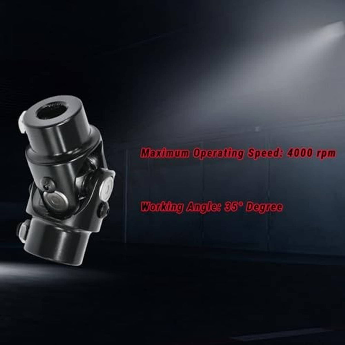 Black steering universal joint in angled view with yoke arms and mounting points
