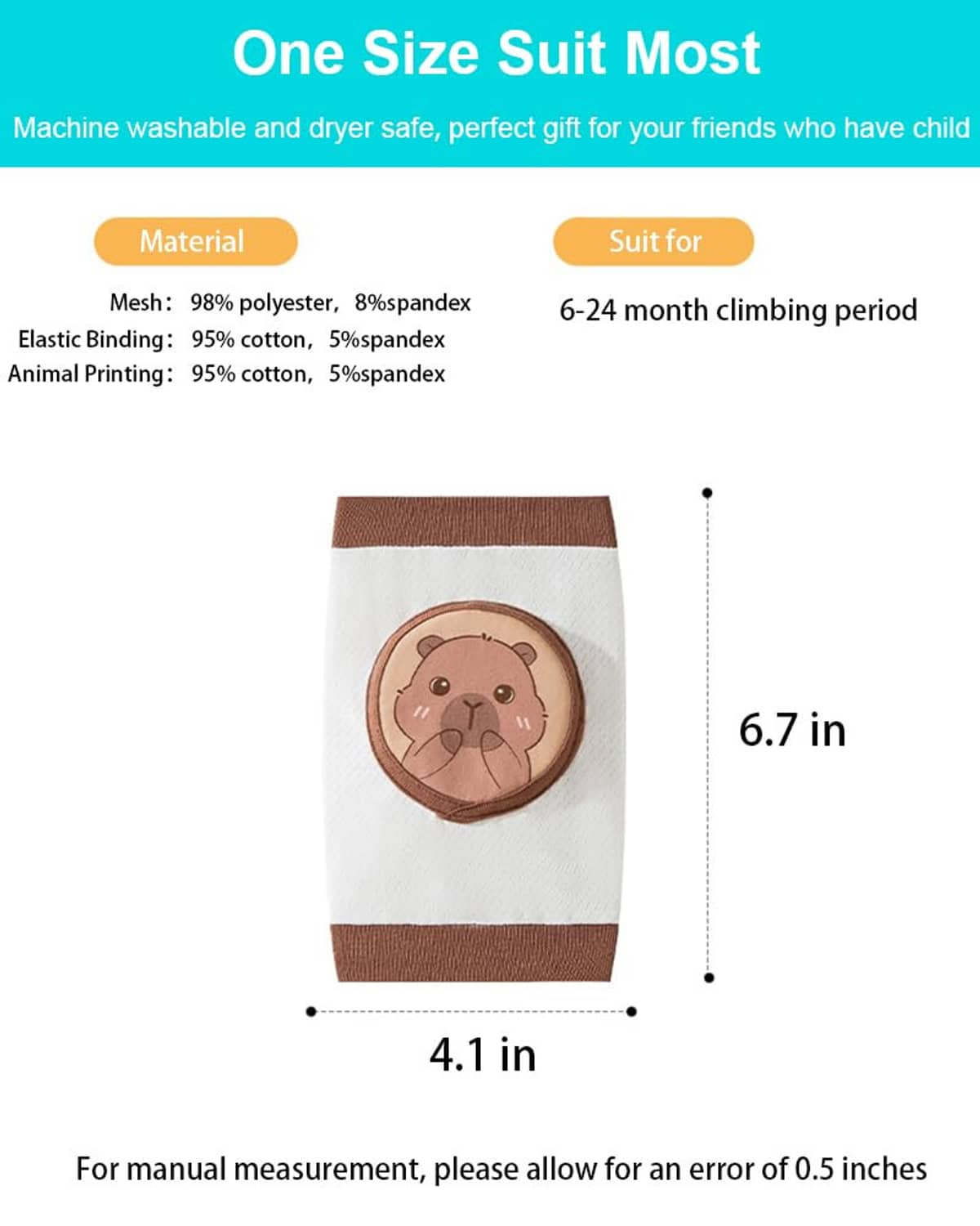Baby knee pad product dimensions and size chart on white background