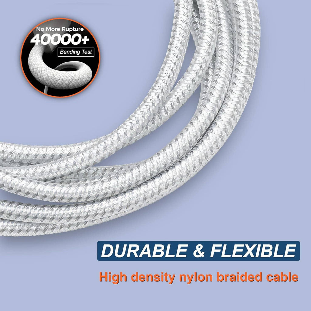 Curved view of a white braided USB-C to USB-C cable, flexible cord and connectors.
