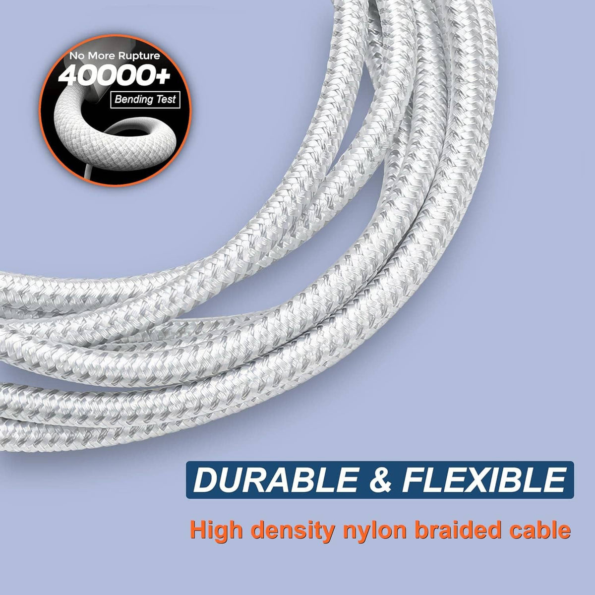 Curved view of a white braided USB-C to USB-C cable, flexible cord and connectors.