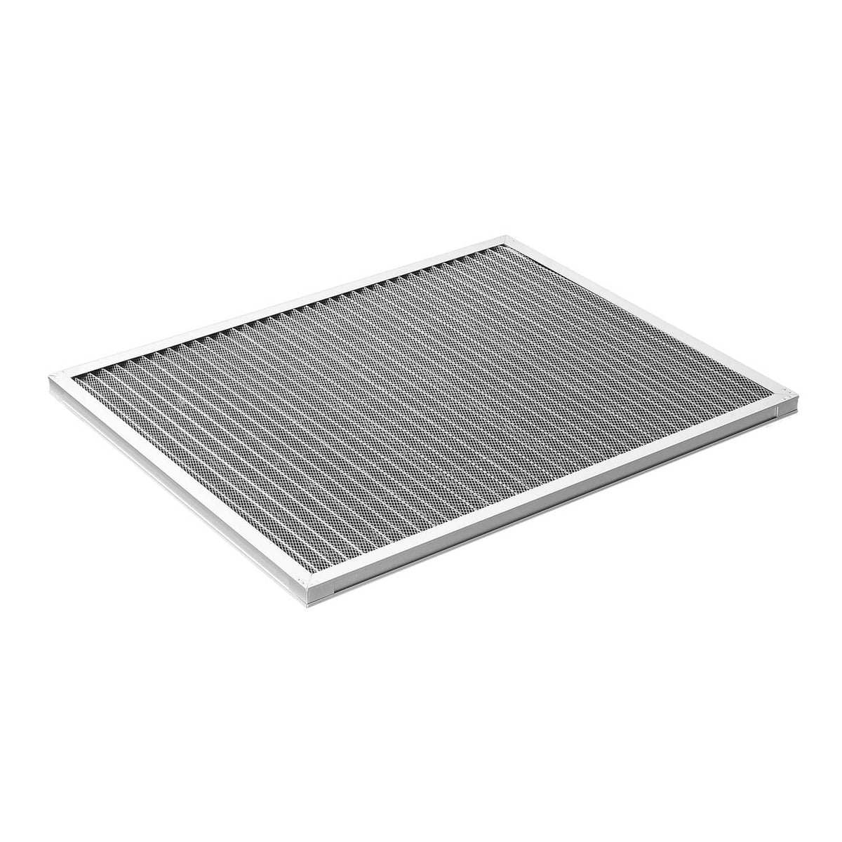 Electrostatic air filter with gray mesh and silver frame, angled view