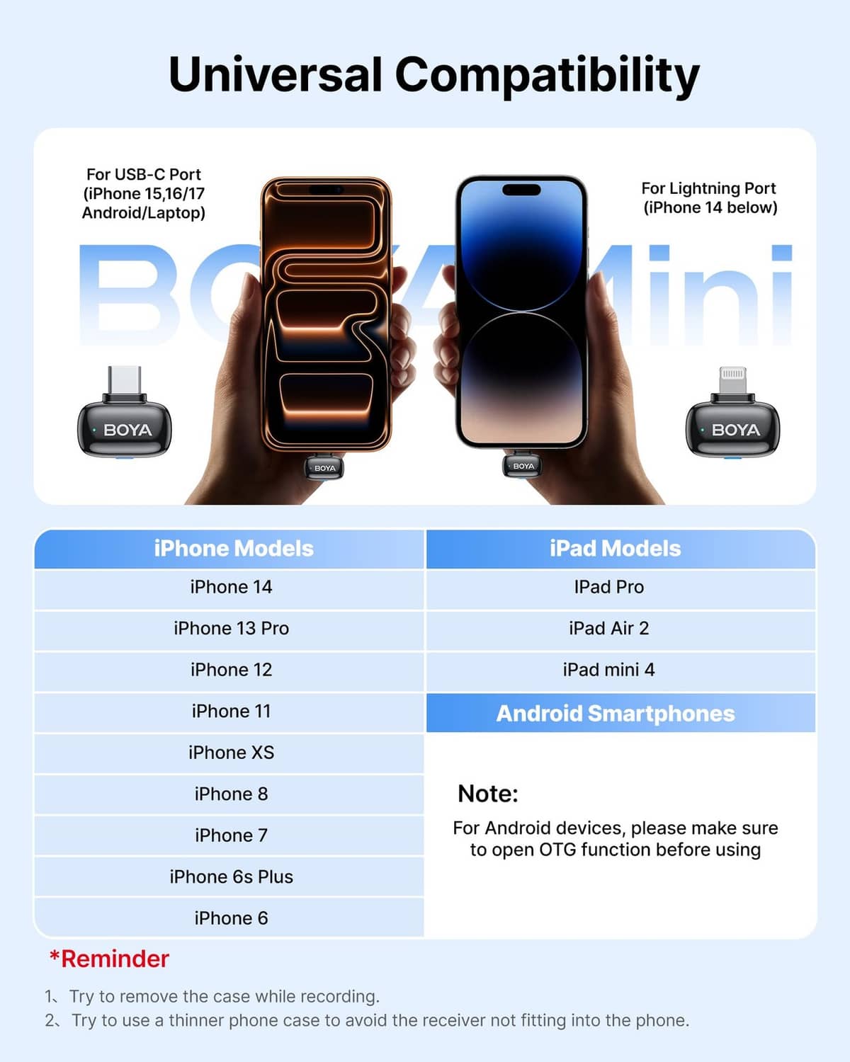 BOYA mini wireless microphone set with black receivers and charging case