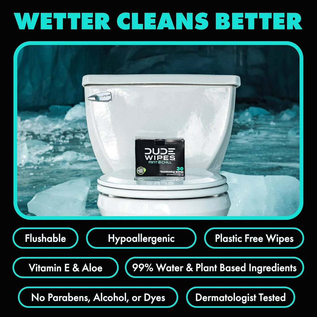 DUDE Wipes Mint Chill wipes tub with a sealed wipe packet