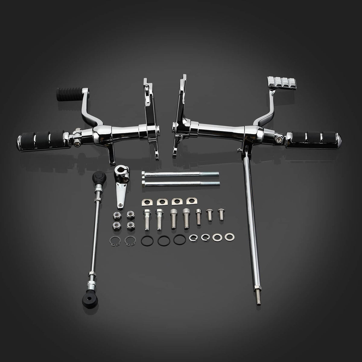 Motorcycle forward control kit with chrome bars, pedals, and mounting hardware