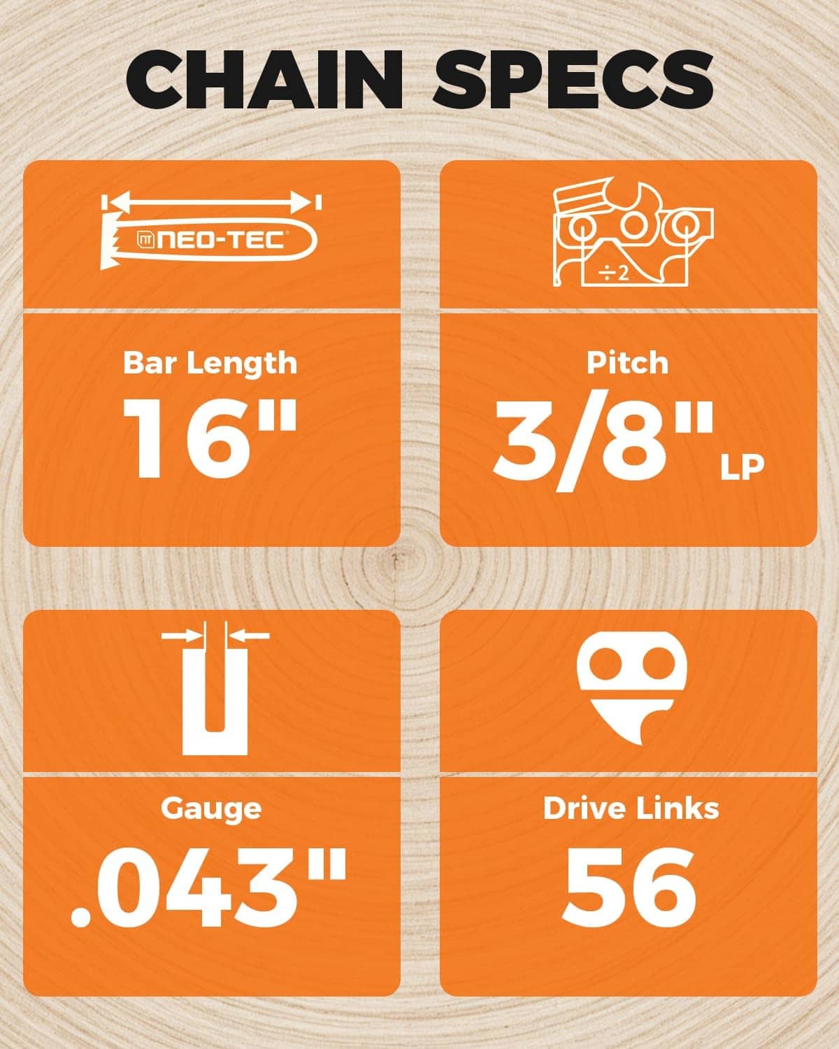 Chainsaw chain specs card showing 16 in bar length, 3/8 in pitch, .043 in gauge