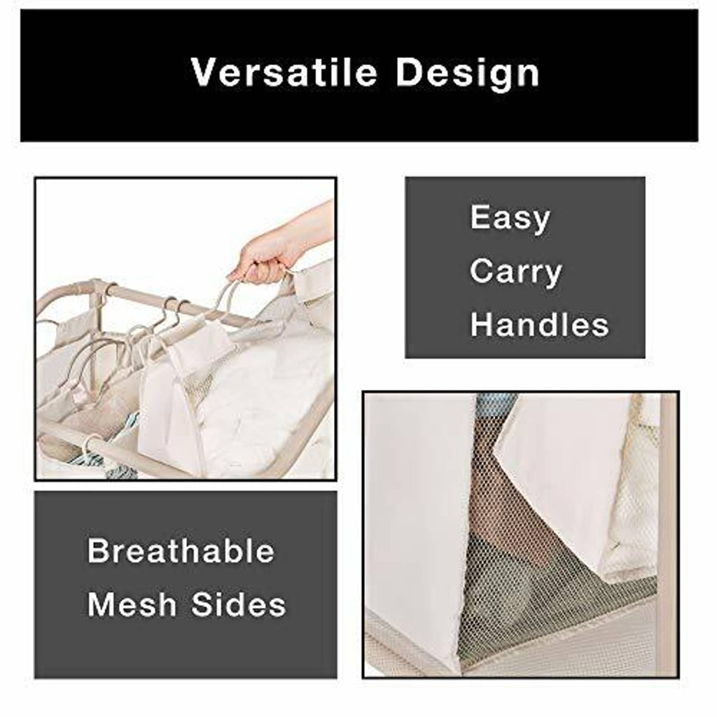 Laundry sorter features easy-carry handles and breathable mesh side compartments