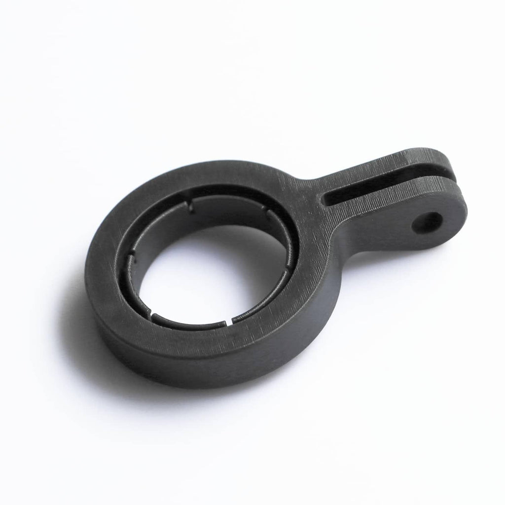 Black microphone mount adapter with circular ring and side grip for boom arm