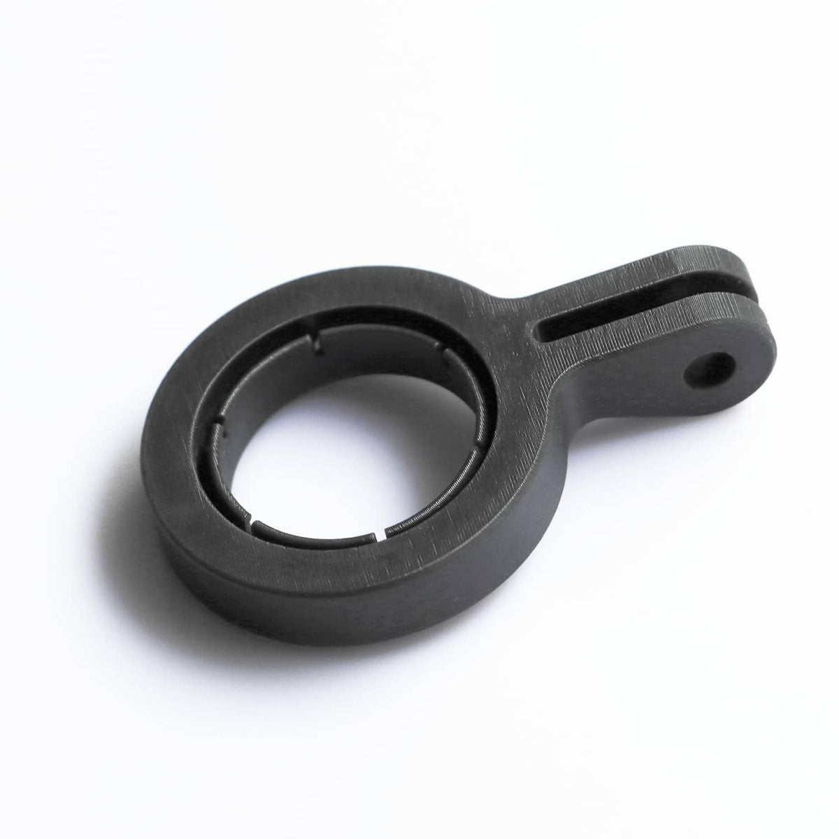 Black microphone mount adapter with circular ring and side grip for boom arm