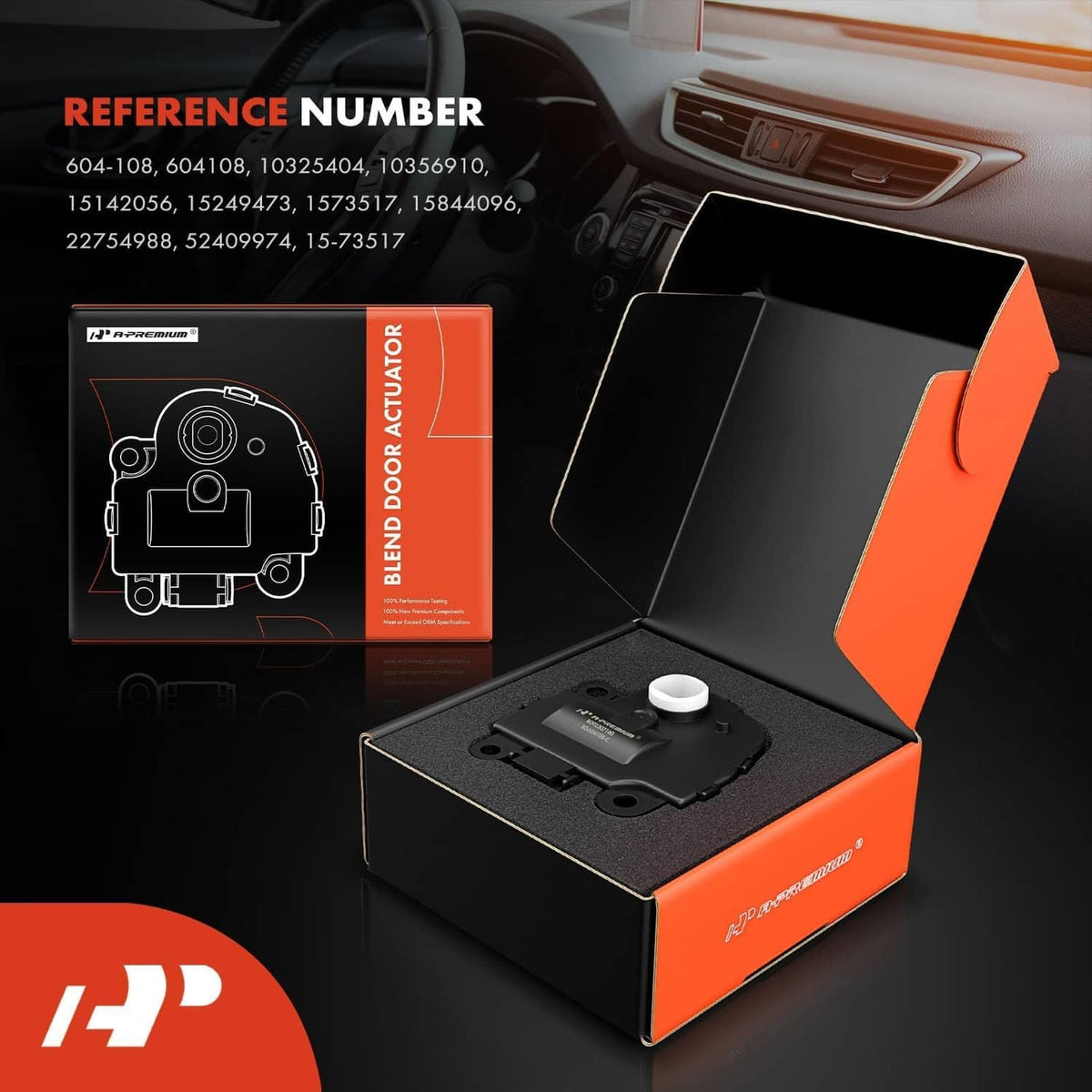 HVAC blend door actuator kit with orange box and reference-number labels, open packaging