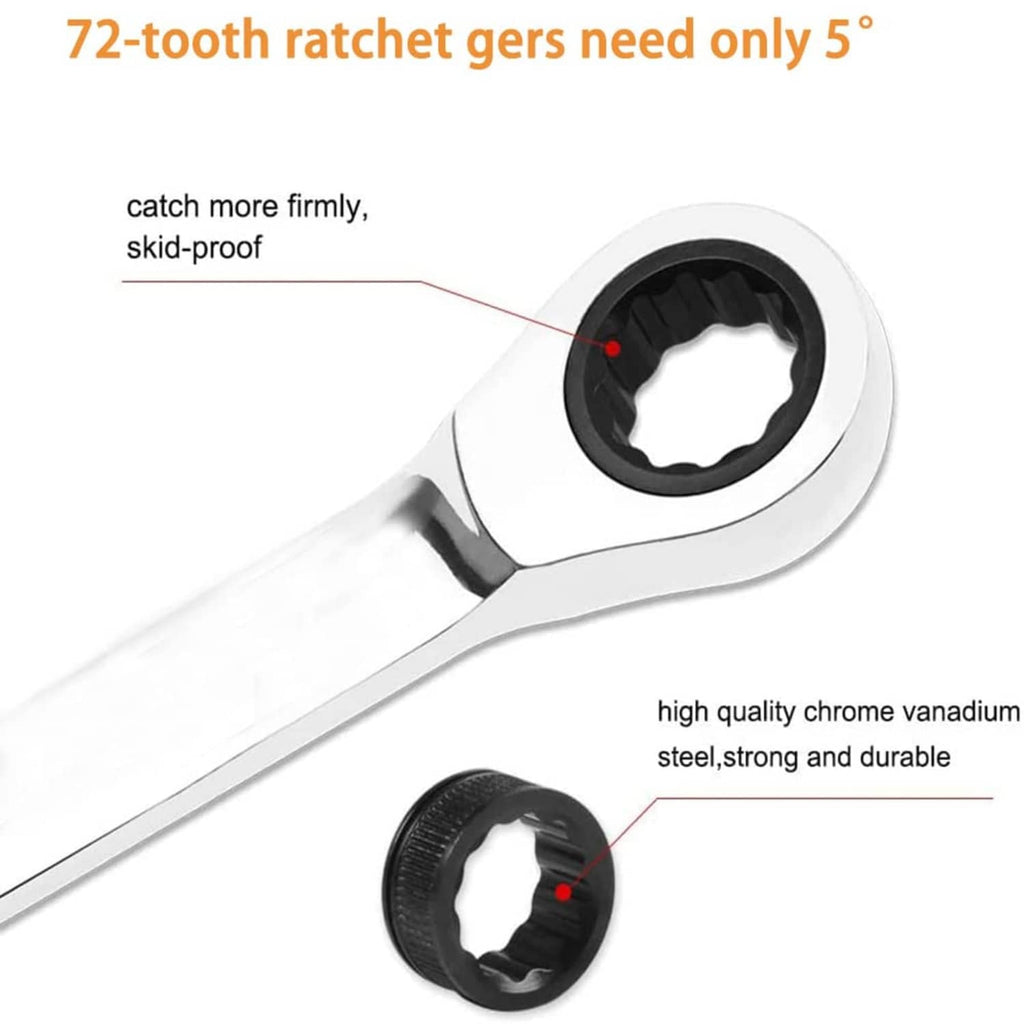 Ratchet head detail on a chrome metric double box-end wrench with black internal drive